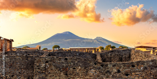 beautiful landscape from Pompeii ancient archeological excavation to Vesuvius volcano  and amazing cloudy cky on background photo