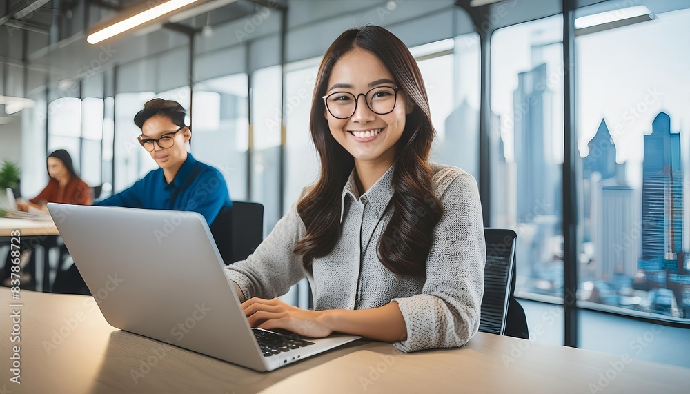 A smiling businesswoman working on her laptop in a modern office filled with natural light. Colleagues are seen in the background, fostering a collaborative and productive atmosphere. A smiling businesswoman working on her laptop in a modern office filled with natural light. Colleagues are seen in the background, fostering a collaborative and productive atmosphere.