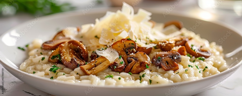 Rich and creamy risotto with wild mushrooms and shaved parmesan, representing gourmet ingredients and comforting flavors, isolated white background, copy space Rich and creamy risotto with wild mushrooms and shaved parmesan, representing gourmet ingredients and comforting flavors, isolated white background, copy space