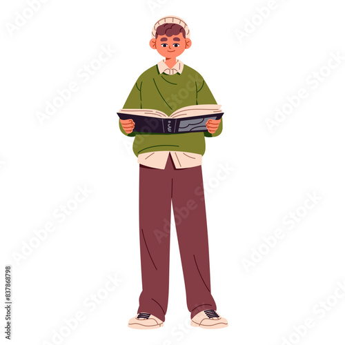 Happy boy stands and reading paper book. Kid in hat holds open textbook in hands. Student learning literature. Person studies, gets knowledges. Flat isolated vector illustration on white background