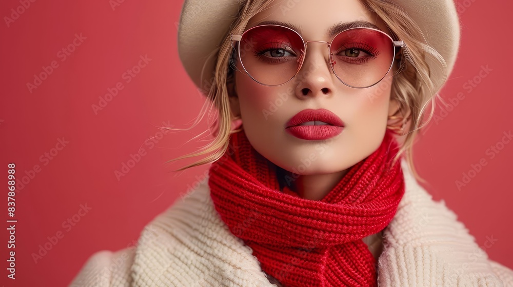 Beautiful blonde woman in sunglasses and hat with red scarf on fashion background Close up portrait of young girl model wearing stylish white coat Beautiful blonde woman in sunglasses and hat with red scarf on fashion background Close up portrait of young girl model wearing stylish white coat