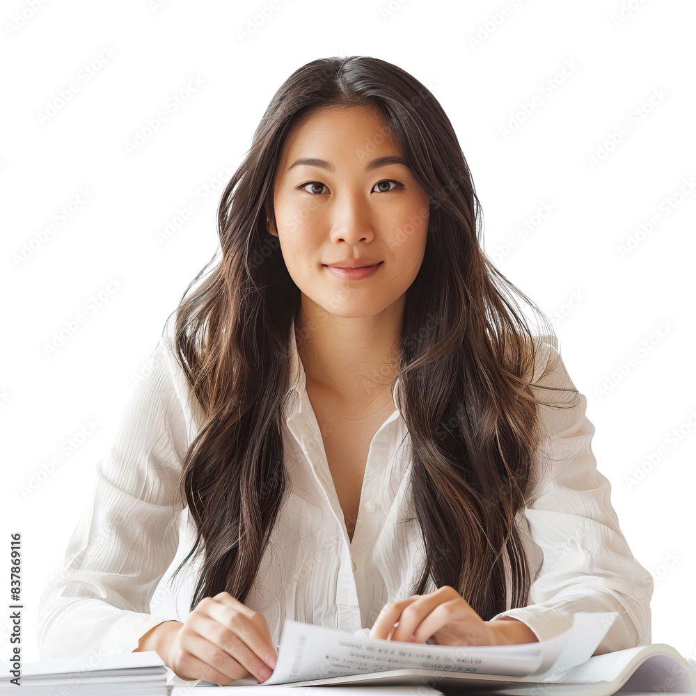 Photo of successful asian woman with long dark hair sitting at table and working with documents and laptop, isolated over white background Photo of successful asian woman with long dark hair sitting at table and working with documents and laptop, isolated over white background