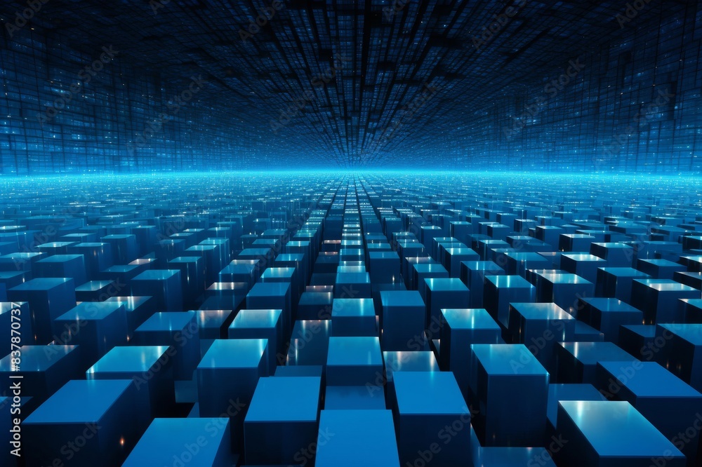 blockchain depicted by hundreds of blue boxes in perspective blockchain depicted by hundreds of blue boxes in perspective