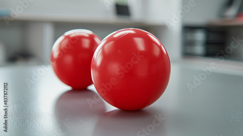 Two glossy red balls on a grey surface indoors.