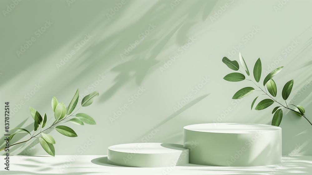 Abstract green background with two podiums for product presentation with green leaves shadow.