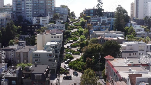 Rising close-up aerial shot of cars going down the famous crooked Lombard Street on Russian Hill in San Francisco, California. 4K