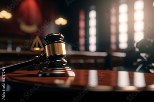 Court of Law Trial in Session: Honorable Female Judge Pronouncing Sentence, striking Gavel. Focus on Mallet, Hammer. Cinematic Shot of Dramatic Not Guilty Verdic photo