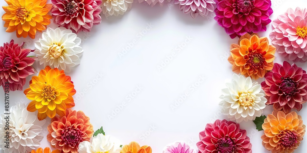 Flowers composition. Flat lay Top view. Border frame made of magenta, peach fuzz, red dahlia isolated white background. Vivid pink flowerheads. Beautiful backdrop for design. Floral assorted dahlias Flowers composition. Flat lay Top view. Border frame made of magenta, peach fuzz, red dahlia isolated white background. Vivid pink flowerheads. Beautiful backdrop for design. Floral assorted dahlias