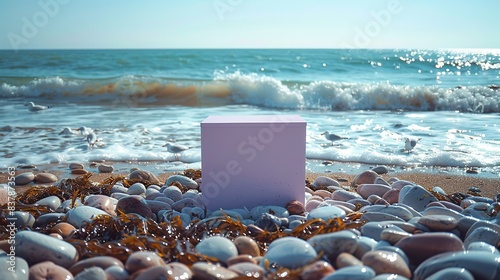 A square pastel lavender podium positioned on a pebble-strewn beach, with gentle waves and seagulls in the background, and seaweed scattered around. shiny, Minimal and Simple,