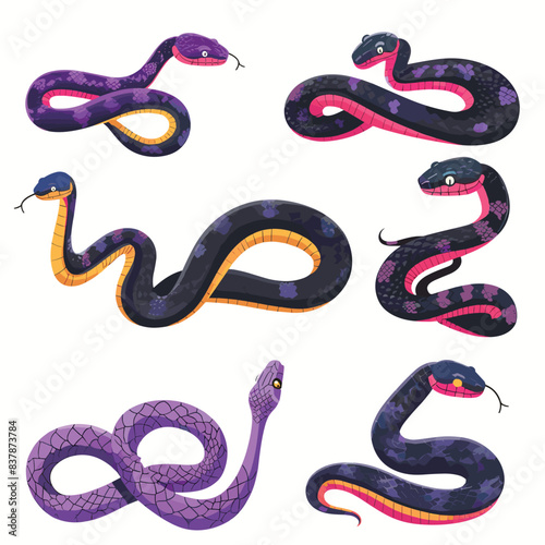 Collection colorful snakes various poses patterns. Cartoon style serpents, purple, black, yellow pink colors prominent. Graphic set stylized snakes, ideal childrens book illustration