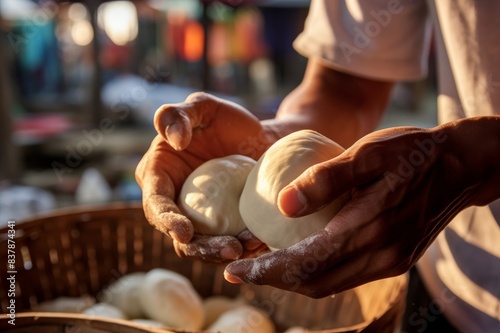 hands of young man kneading bread at market stall, bhamo, kachin, myanmar photo