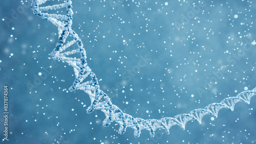 3D render of DNA strands with light particles. Scientific concept of genetics and molecular biology. Detailed macro shot with bokeh effect and blue color palette.