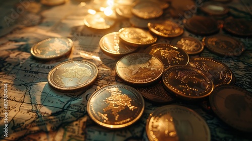 Historical gold coins on a vintage map