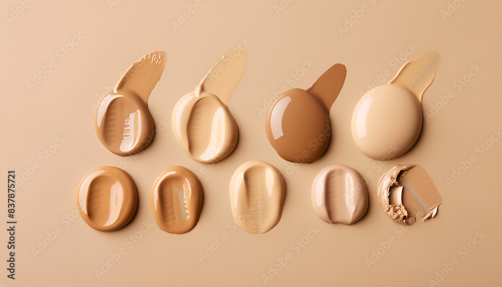 Liquid foundation and swatches on beige background, top view Liquid foundation and swatches on beige background, top view