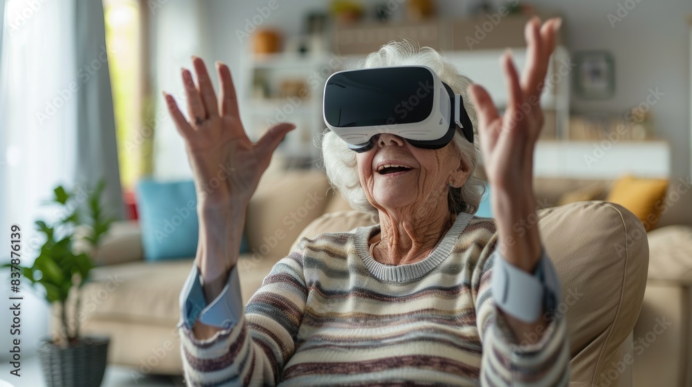 Active Senior Woman Enjoying Virtual Reality Experience in Stylish Living Room. Active Senior Woman Enjoying Virtual Reality Experience in Stylish Living Room.