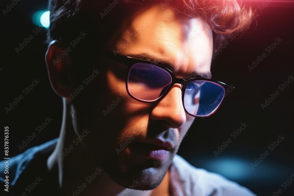 men wearing glasses watching something on his laptop at home at the night. young man using a laptop, reflection of a website in his glasses, close up men wearing glasses watching something on his laptop at home at the night. young man using a laptop, reflection of a website in his glasses, close up