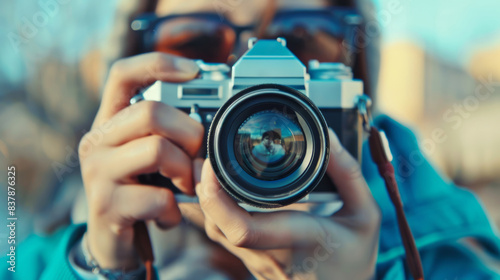 Woman taking photo with vintage camera. Close up of a young woman taking a picture with a vintage camera, capturing memories and exploring photography © Lull