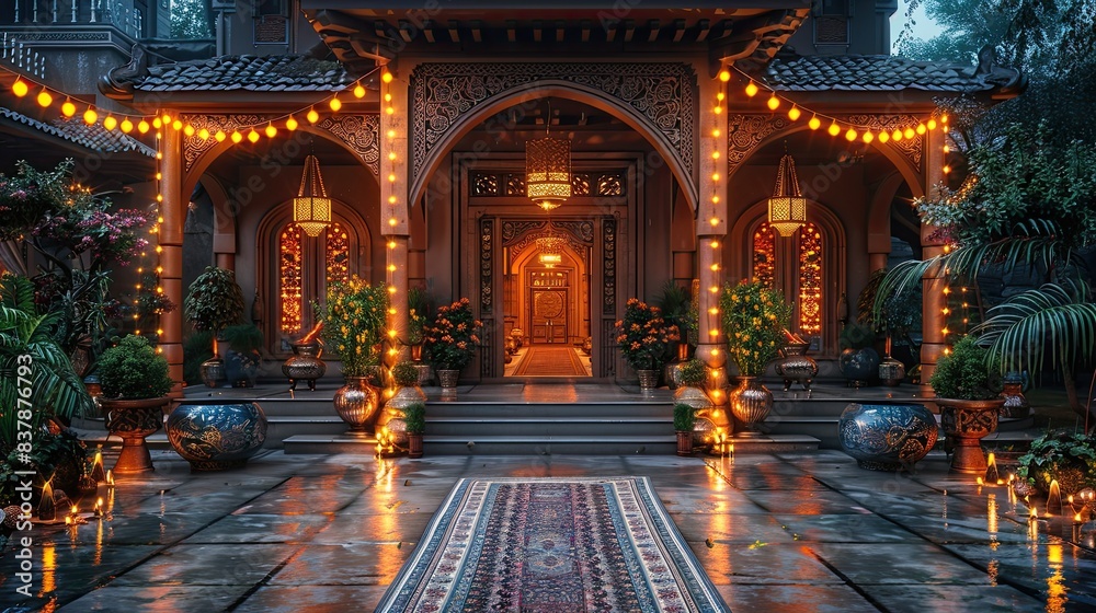 Obraz premium A beautifully decorated home with lights, and traditional ornaments, ready to welcome guests for the celebration.