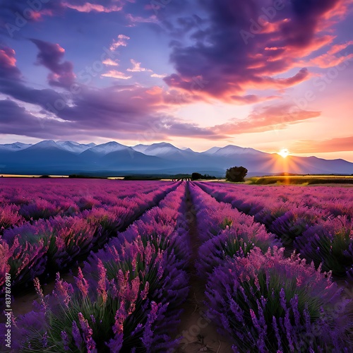 A panoramic photo of a field of lavender at sunset 