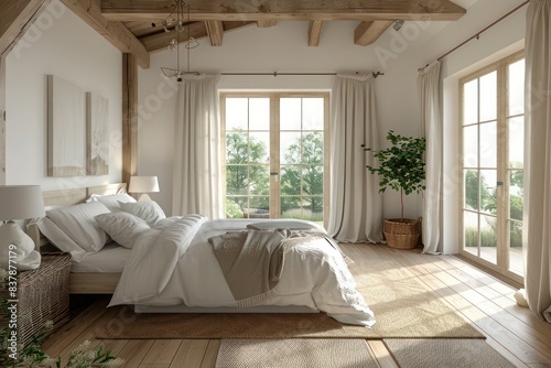 Modern farmhouse bedroom with hardwood floors and rustic decor © HSGraphics