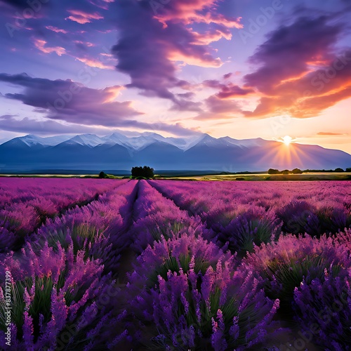 A panoramic photo of a field of lavender at sunset 