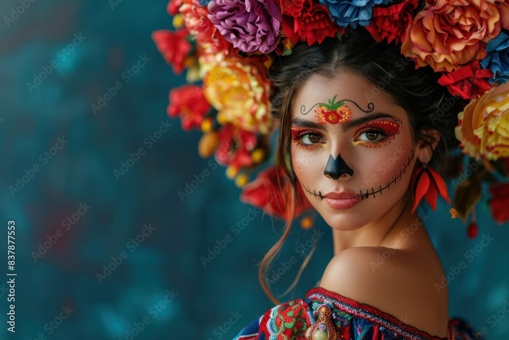 Vibrant portrait capturing Dia de los Muertos festivity in Mexico. The girl, with calavera makeup, flowers, and bright attire, epitomizes festive energy.
