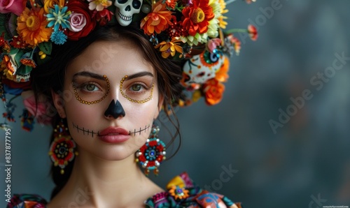 Vibrant portrait showcasing Dia de los Muertos festivity in Mexico. The girl, with calavera makeup, floral hair, and vivid attire, captures the essence of celebration. 