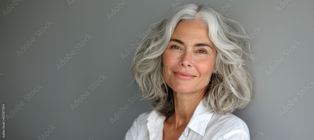 Smiling middle-aged woman in her 50s, showcasing luxurious gray hair in a close-up portrait. Demonstrates the transformative effects of effective skin and hair care products.
Smiling middle-aged woman in her 50s, showcasing luxurious gray hair in a close-up portrait. Demonstrates the transformative effects of effective skin and hair care products.