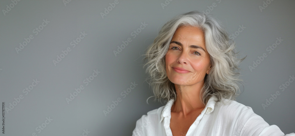 Close-up portrait of a beautiful woman in her 50s, with luxurious gray hair, smiling. A middle-aged model showcasing healthy skin and hair care cosmetics Close-up portrait of a beautiful woman in her 50s, with luxurious gray hair, smiling. A middle-aged model showcasing healthy skin and hair care cosmetics