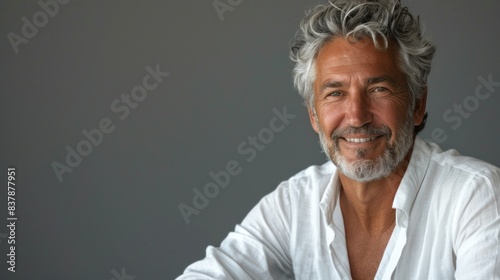 Smiling senior businessman with grey hair and a vibrant complexion, reflecting excellent skincare and dental health