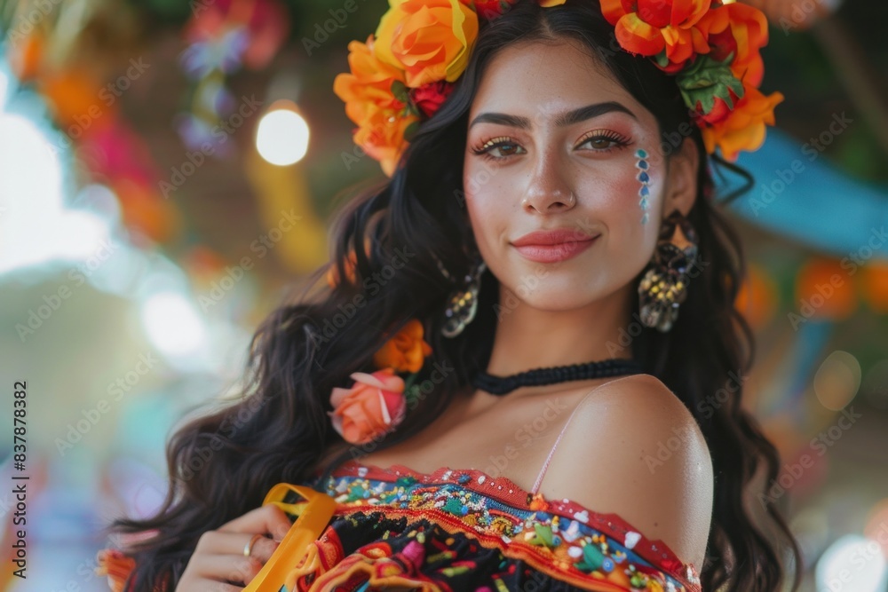 A beautiful young Mexican girl gracefully dancing in traditional attire, showcasing the vibrant culture and rich heritage of Mexico through her elegant movements and colorful costume