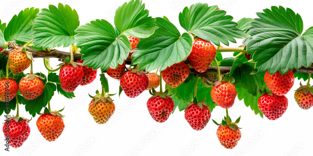 Close-up of ripe strawberries on a tree branch. Vibrant fruits and green leaves convey freshness and healthy living Close-up of ripe strawberries on a tree branch. Vibrant fruits and green leaves convey freshness and healthy living