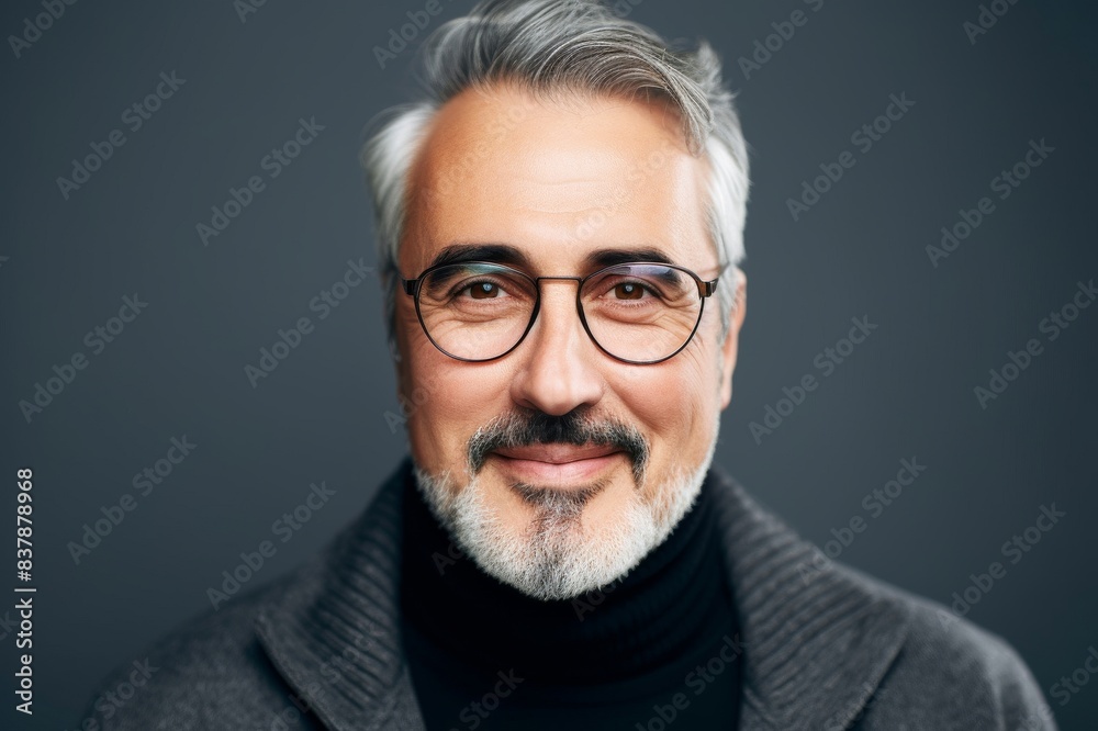 portrait of confident mature man smiling against gray background portrait of confident mature man smiling against gray background