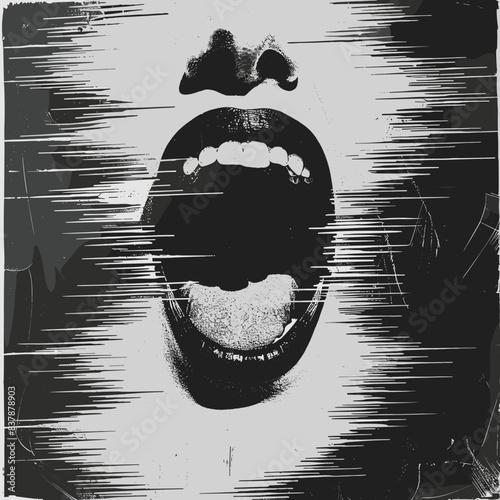 Abstract black white mouth illustration, gritty textures dynamic lines. Artistic representation open mouth, teeth tongue, monochrome grunge style. Expressionism inspired open mouth artwork, high