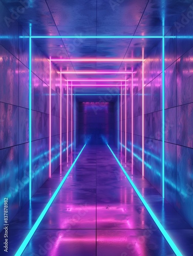 Vibrant neon tunnel with glowing lights creating a colorful and futuristic pathway, suitable for sci-fi or cyberpunk settings.