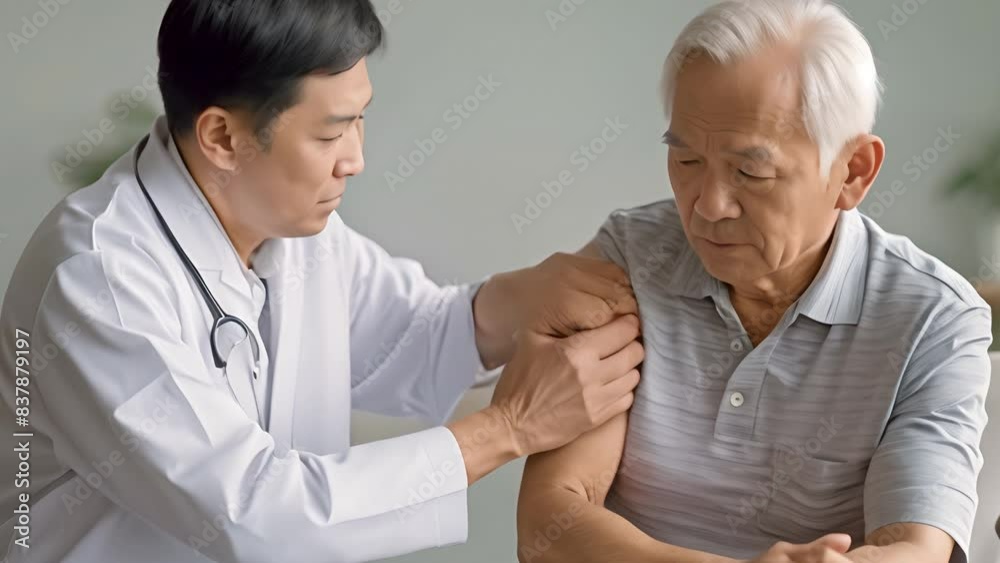 When the elderly white patient was wearing light clothing, a young male Asian-Black hair doctor in a white lab coat held the patient's arm and examined his elbow. When the elderly white patient was wearing light clothing, a young male Asian-Black hair doctor in a white lab coat held the patient's arm and examined his elbow.