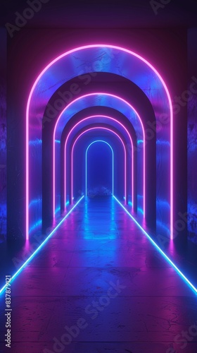 Futuristic neon tunnel with arches illuminated in vibrant pink and blue lights  creating a striking and modern visual effect.