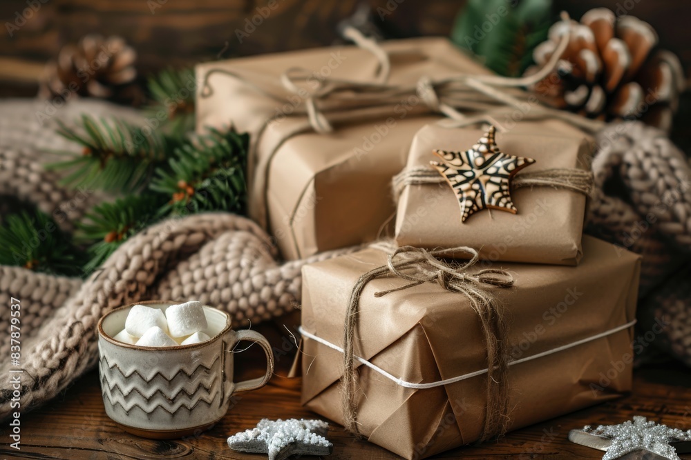 Pile of Christmas wrapped presents with twine string roll, fir tree branch, marshmallow cacao cup, Christmas toy star at wooden background. Xmas decoration, cozy festive composition, space for text Pile of Christmas wrapped presents with twine string roll, fir tree branch, marshmallow cacao cup, Christmas toy star at wooden background. Xmas decoration, cozy festive composition, space for text