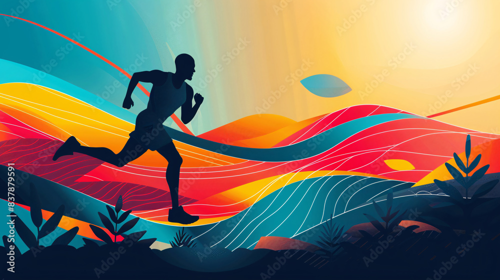 Naklejka premium Vector banner of a runner in a marathon, featuring abstract shapes and a gradient trail