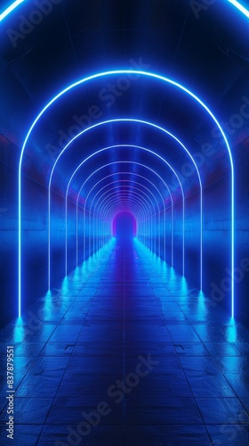 Blue neon tunnel with arches creating a vibrant and futuristic pathway, perfect for sci-fi or cyberpunk themes.