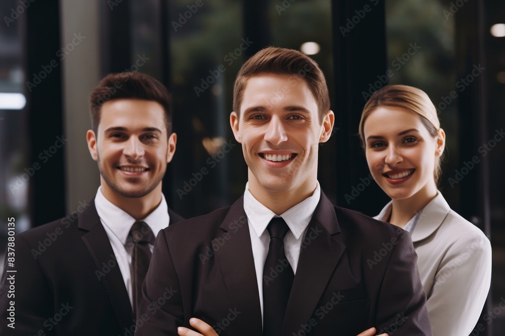 portrait of two businessmen and a businesswoman smiling portrait of two businessmen and a businesswoman smiling