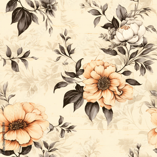 Seamless pattern of hand-painted flowers and intricate pen illustrations on a classic paper texture creating a sophisticated vintage aesthetic for business use