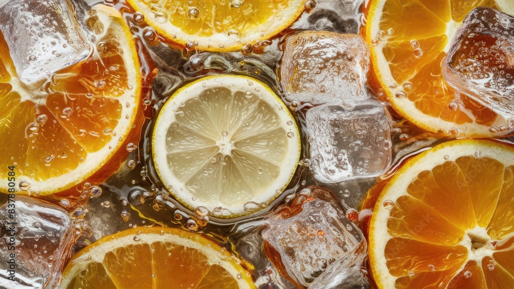 Fresh Lemon Slices with Ice Cubes in Water Fresh Lemon Slices with Ice Cubes in Water