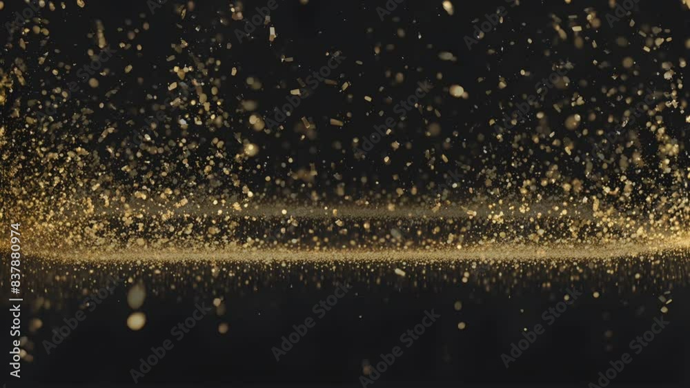 Gold dust particles flying in slow motion on dark background.
Gold dust particles flying in slow motion on dark background.