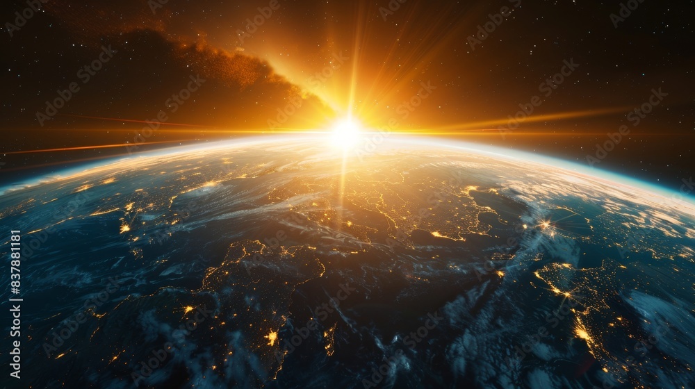 Sunrise over Earth from space, highlighting the planet's curvature and the vast expanse of the universe with stars in the background.