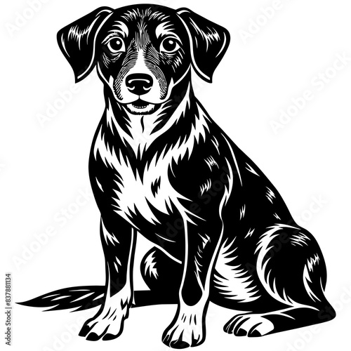 Sitting dog. Black and white vector illustration