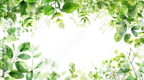 Green leafy frame with white background. Vibrant plant leaves bordering blank space