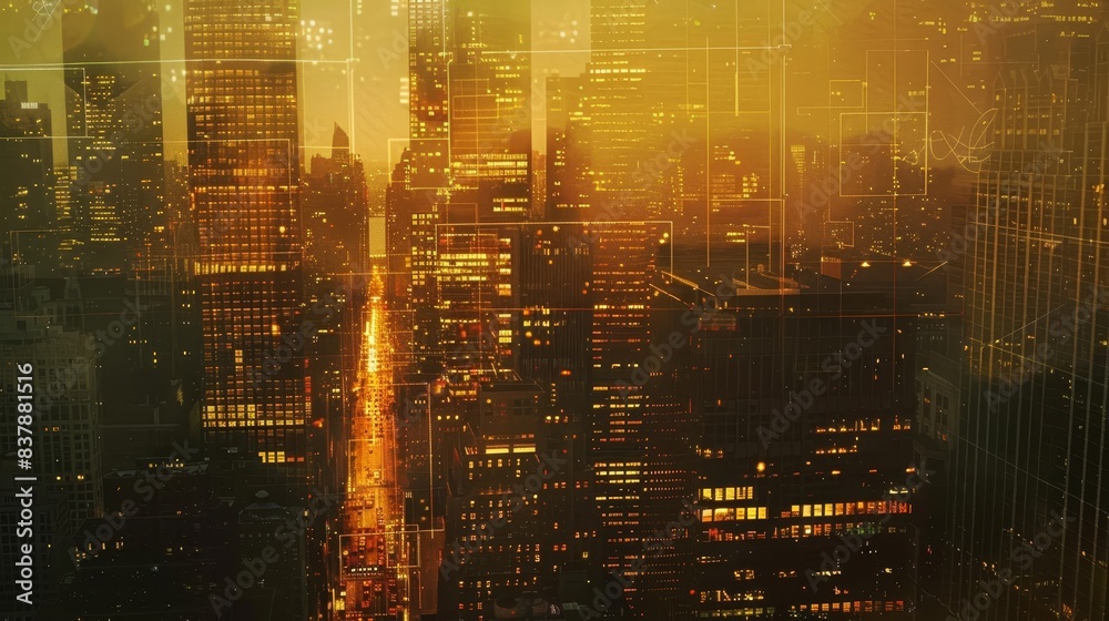 Digital cityscape at sunset with light effects and futuristic elements. Modern urban technology concept. Digital cityscape at sunset with light effects and futuristic elements. Modern urban technology concept.