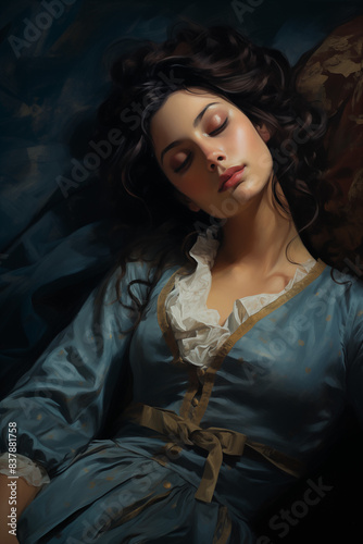 regency era sleeping woman in blue dress