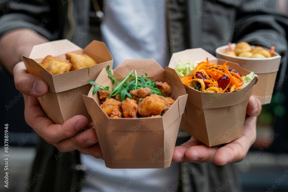 Male holding diverse of paper containers for takeaway food. Street food or fast food concept. Male holding diverse of paper containers for takeaway food. Street food or fast food concept.